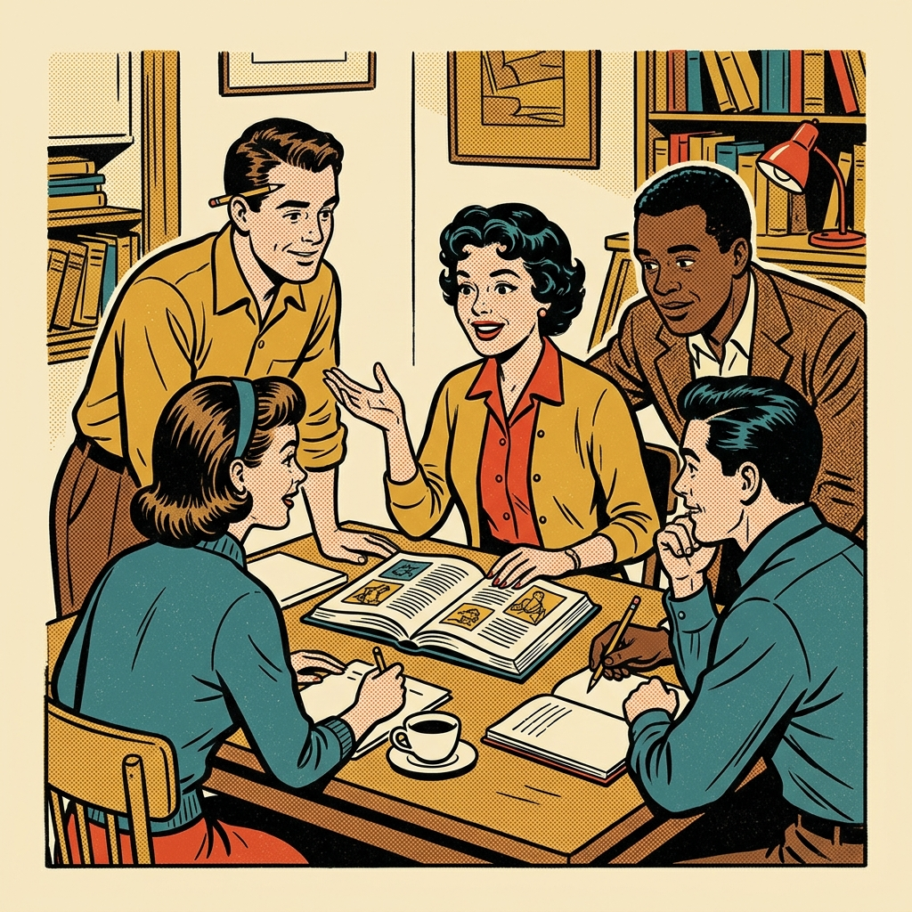 A retro study group discussing an open book around a table