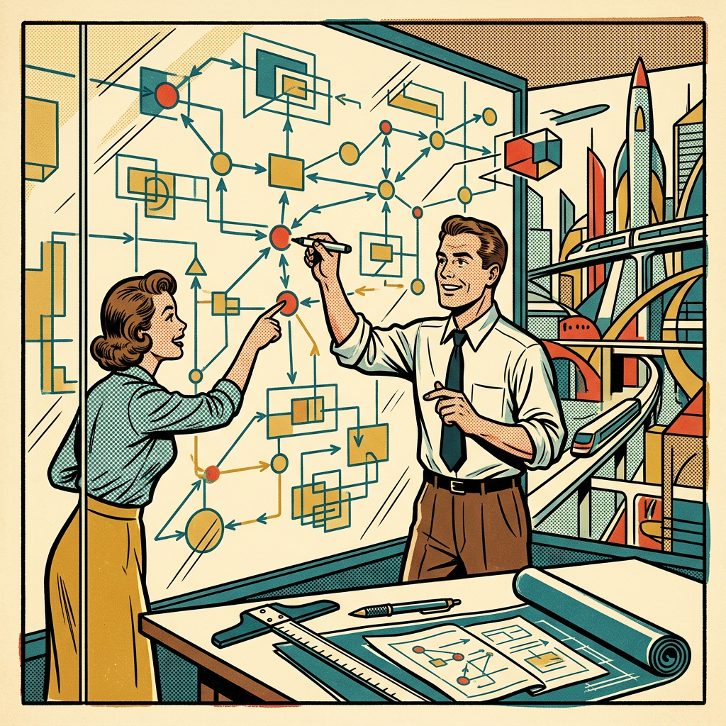 Two retro engineers modeling a connected diagram on a glass wall